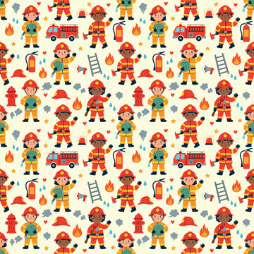 Firefighter Pattern Seamless Vector Pack, Cartoon Fireman and Firewoman with Rescue Trucks and Hydrants Illustration, Kids First Responder Surface Ornament Design Elements EPS