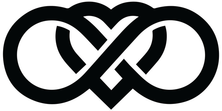 Minimalist black outline infinity heart symbol intertwined with a forever loop knot, conceptual eternal love polyamory and endless relationship geometric graphic isolated on transparent PNG background