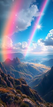 Sparkling rainbow arches over fantastical landscapes, arches, vector