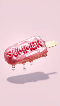 A glossy pink popsicle melts with bold "SUMMER" letters, evoking warm summer holidays and vacation vibes. Melting ice cream bar in pastel tones suggests beach days and sunshine.