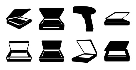 Fototapeta premium Modern laptop and tablet open and closed icons - Simple vector icons showing laptops and tablets in open and closed positions with clean black and white design.