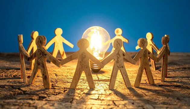 Wooden figures join hands around a glowing light bulb, symbolizing teamwork, creativity, and the shared spark of innovation born from collective collaboration.