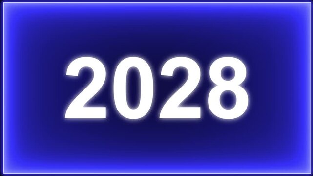 Flashing strobe lights from an emergency vehicle defused to create a smooth bokeh background with Happy new year text 2028. symbolizing anticipation and celebration of the upcoming new year. 4k