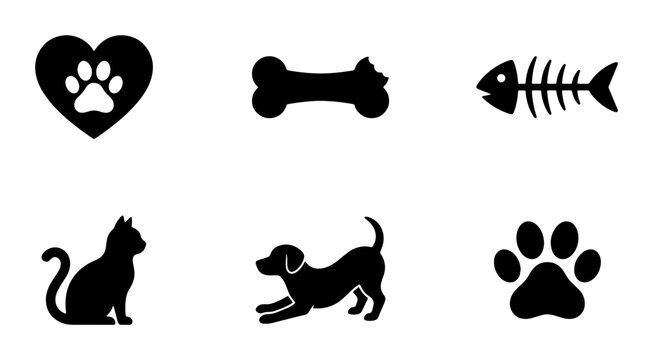 Pet Icons Set: Dog, Cat, Paw Print, Bone, Fish Skeleton, Heart Love, Vector Graphics for Animal Lovers