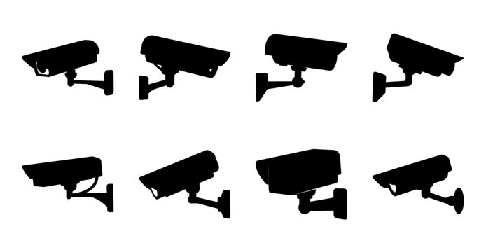 Eight black security cameras in a row - A clean set of eight black surveillance cameras arranged neatly for security or design use