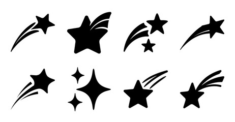 Black space themed shooting stars and starburst icons - Set of sleek black shooting stars and starburst shapes in a clean, minimalist style perfect for space-themed designs and astronomy projects © Tanjila