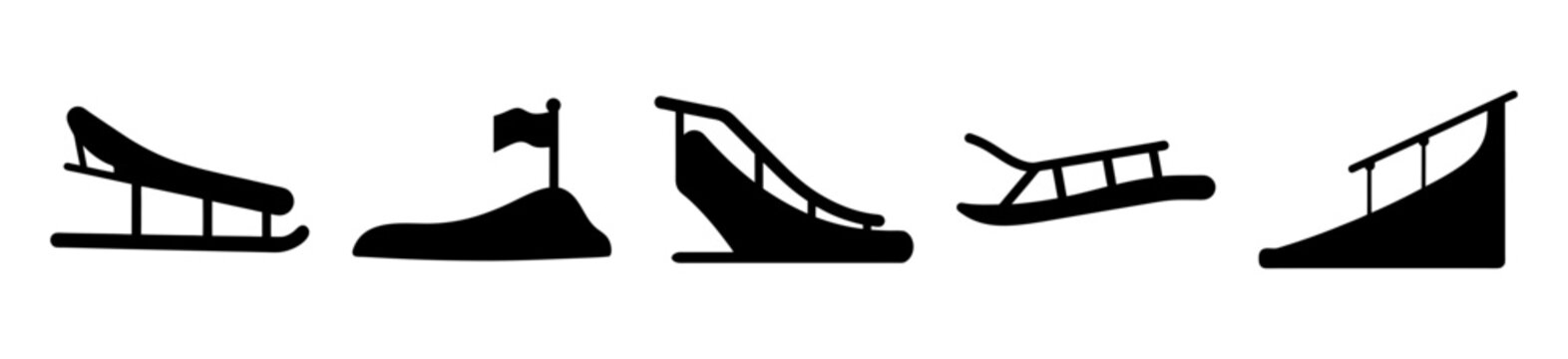 Flat design ski jump silhouettes collection - Minimalist black and white ski jump silhouettes in flat design style, showing various jumping positions for sports and winter themes.