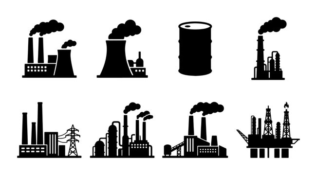 Industrial Factory Icons Set, Oil Barrel, Power Plant, Offshore Rig, Smoke Stacks, Manufacturing, Energy Production
