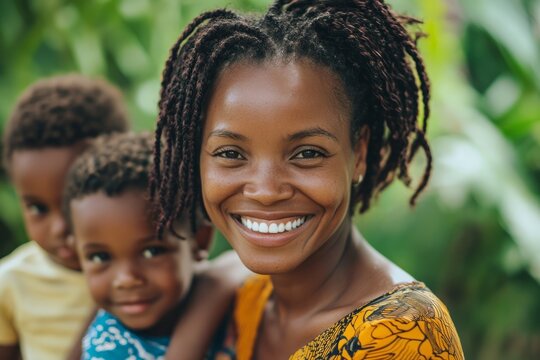 mother and children smiling and wearing straw hats, enjoying summer vacation 