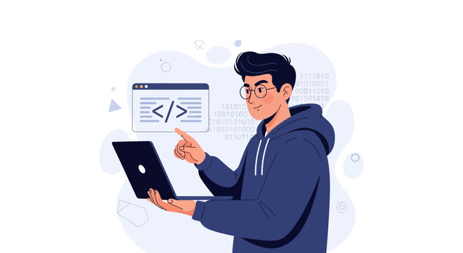 Programmer Coding on Laptop with Website Interface and Binary Code Background, Technology and Development Concept