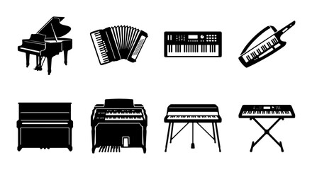 Keyboard Instruments Collection: Grand Piano, Accordion, Synthesizer, Electric Piano, Upright Piano Icons © Reshma