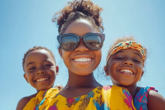 mother and children smiling and wearing straw hats, enjoying summer vacation 