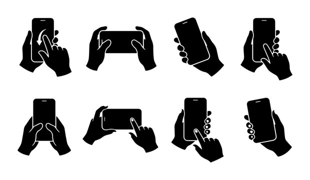 Hand Holding Smartphone Gestures, Mobile Device Interaction Icons, Touchscreen Navigation Set, Digital Communication Vector
