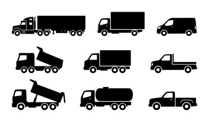 Diverse Truck Silhouettes Collection, Commercial Vehicle Icons, Transportation Vector Set, Delivery and Haulage Graphics © Saif
