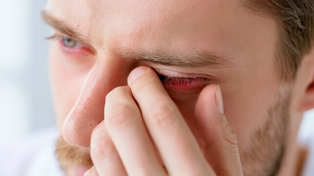 Close Up of Man With Red Irritated Eyes Showing Allergy, Conjunctivitis, Dry Eye, and Ocular Discomfort