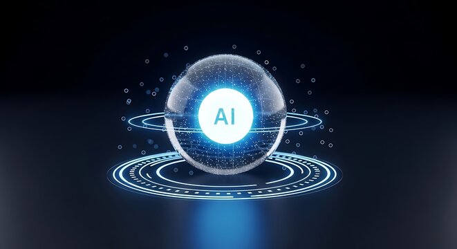 Futuristic artificial intelligence concept with a glowing glass sphere and digital data rings on a dark background, for advanced technology themes