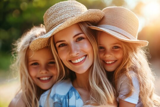mother and children smiling and wearing straw hats, enjoying summer vacation 