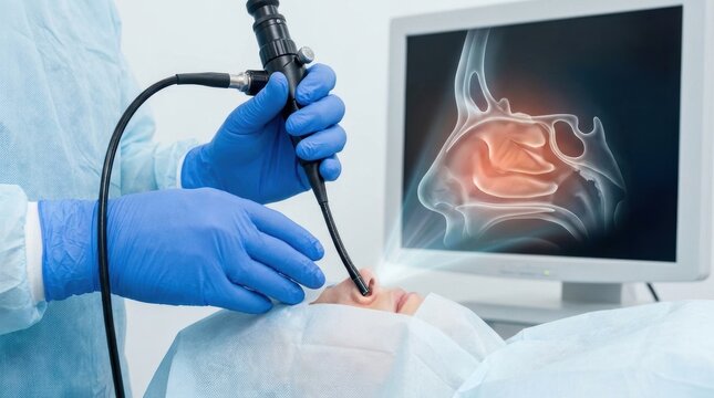 Doctor performs nasal endoscopy procedure with monitor displaying sinus anatomy