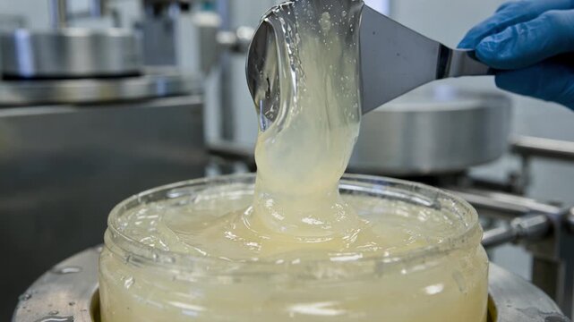 Close view of medicalgrade petroleum jelly being carefully processed and qualitychecked in a sterile factory environment.