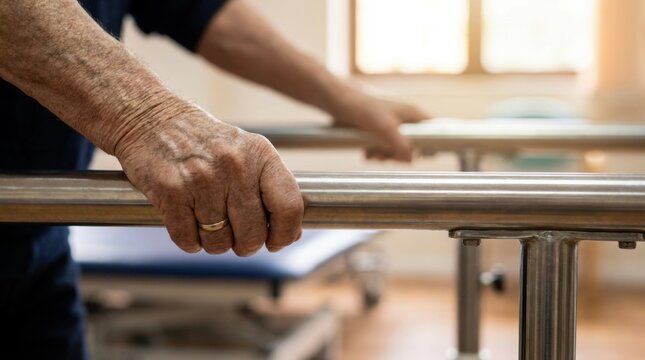 Elderly person's hands gripping parallel bars for physical therapy and rehabilitation
