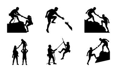 Fototapeta premium Teamwork and Support Silhouettes: Climbing, Helping Hands, Partnership Vector Icons