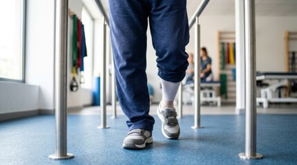 Obraz premium Patient with prosthetic leg walking with parallel bars in physical therapy clinic