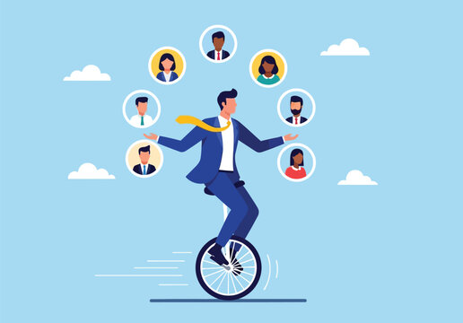 Businessman juggling multiple tasks and user avatars while riding a unicycle, showcasing multitasking and managing business responsibilities.
