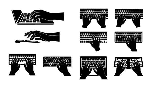 Typing Hands Vector Icons: Laptop, Keyboard, Digital Input, Data Entry, Technology, Communication, Workflow, Office, Business
