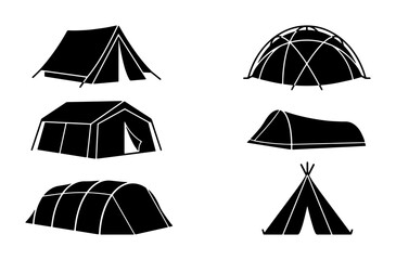 Diverse Camping Tent Silhouettes, Outdoor Shelter Icons, Travel Gear Vector Set, Adventure Equipment Graphics © Nusrat