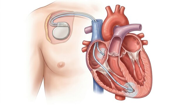 Illustration of a pacemaker implanted in a human chest and connected to the heart