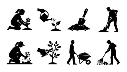 Gardening Icons Set: Planting, Watering, Digging, Cultivating, Wheelbarrow, Raking, Vector Silhouettes for Horticulture and Agriculture © Nusrat