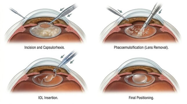 Step-by-step illustration of cataract surgery and intraocular lens implantation