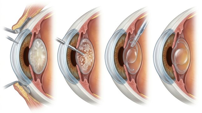 Step-by-step illustration of cataract surgery and intraocular lens implantation