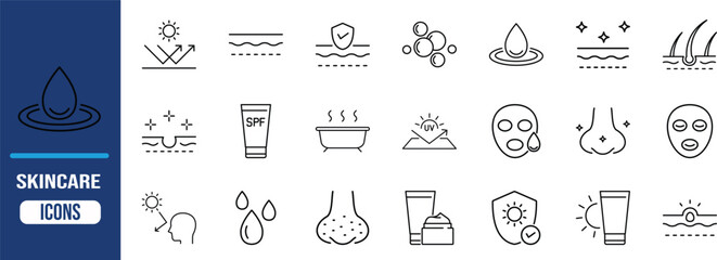 Skincare beauty products line art icons. sunscreen icon set, facemask icon set, skin icon set © Ayub