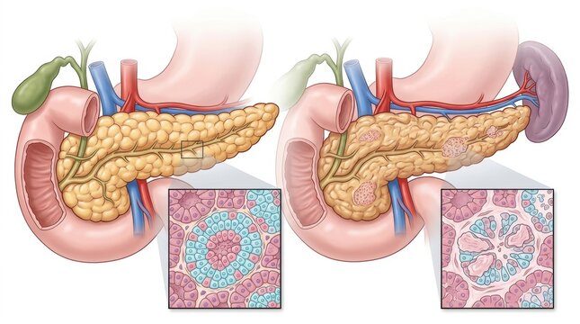 Comparison of healthy and diseased pancreas anatomy with microscopic views
