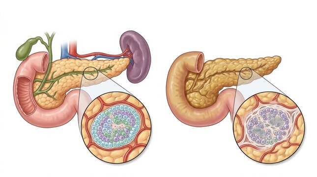 Illustration comparing healthy and diseased pancreatic islets and surrounding tissue
