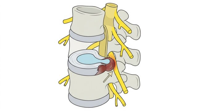 Herniated disc pressing on spinal nerve root causing pain and inflammation