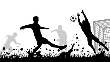 Soccer Players Silhouettes in Action Striker Kicking Ball and Goalkeeper Diving Vector © Illustor Pro