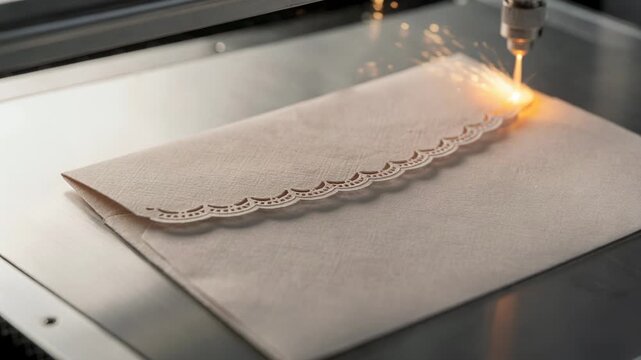 Closeup medium shot of a laser cutting intricate scalloped edges on a stylish decorative envelope flap highlighting precision and delicate craftsmanship.