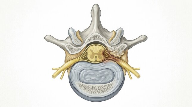 Cross-section of a human lumbar vertebra showing spinal cord and intervertebral disc
