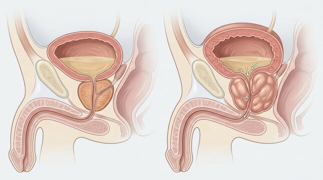 Diagram comparing healthy and enlarged prostate gland affecting urinary flow
