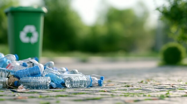 Plastic Bottles Collected Outdoors Beside Recycling Bin for Environmental Awareness, Waste Sorting, and Sustainable Living Campaigns