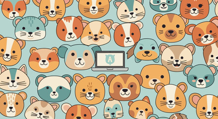 Fototapeta premium Cute Animal Faces Vector Pattern with Laptop - Pet Technology and Remote Work Illustration