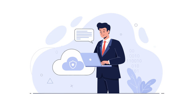 Businessman Working on Laptop with Cloud Security and Data Protection Concept