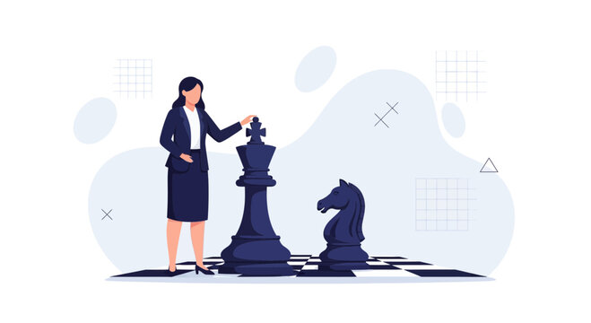 Businesswoman making strategic move on chessboard with king and knight pieces, symbolizing strategy, leadership, and decision making