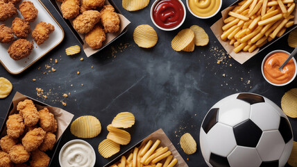 Fototapeta premium AI-generated soccer game day snack table with ball, fries, chicken wings, sauces and copy space on dark background