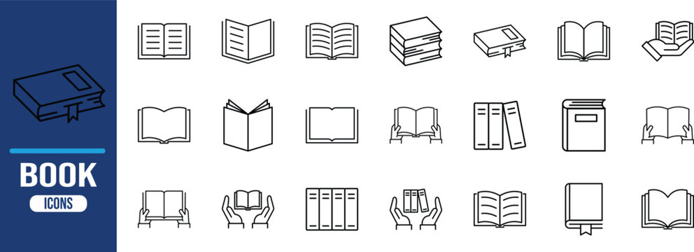 Line art book education library icons. book icon set, stack icon set, hands icon set