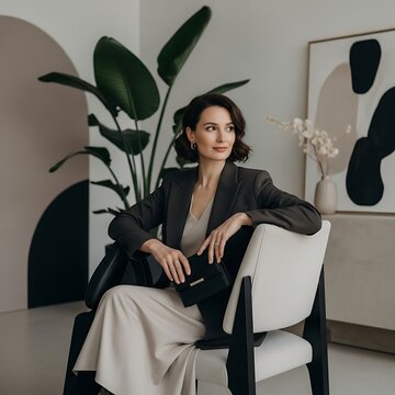 Woman in formal wear seated indoors with a modern art backdrop