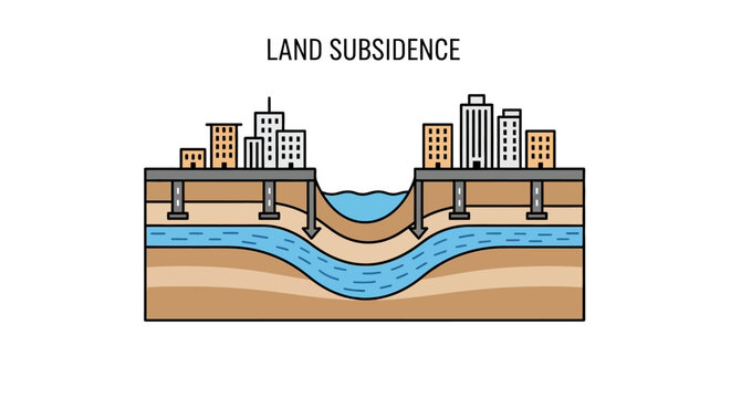 Land Subsidence Illustration: City Sinking Due to Groundwater Extraction