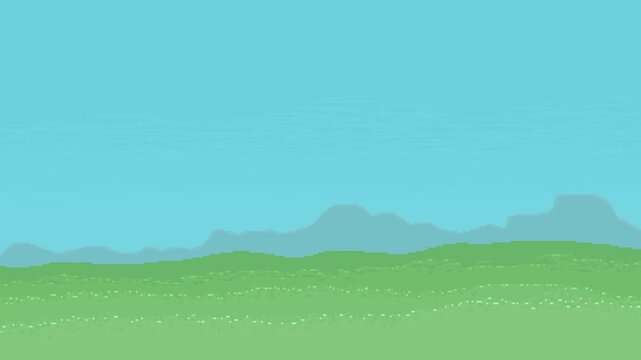 A beautiful day mountain in the distance, glistening grass, and a clear blue sky (can loop)